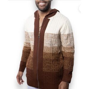 PRESTIGE ORIGINAL L Wool Hooded Sweater Knit Jacket Brown Cardigan zip up men’s